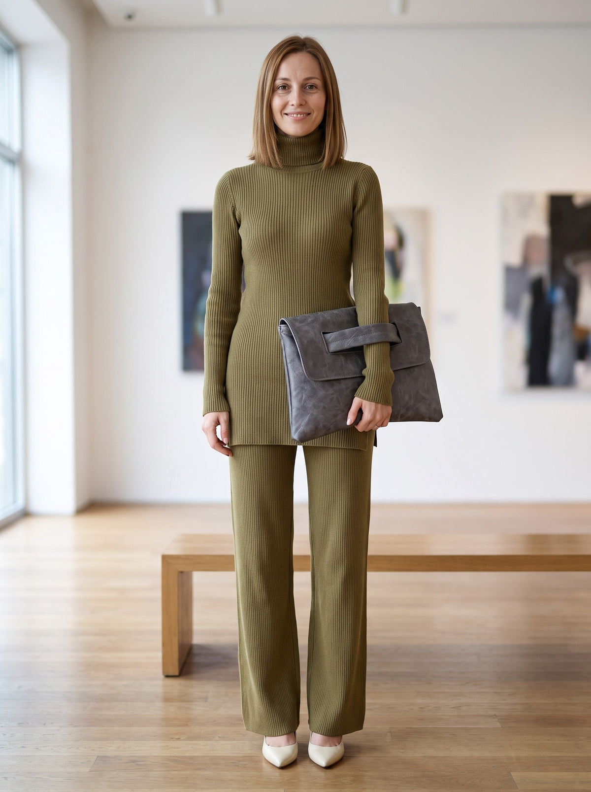 Modelo con el clutch sobre gris claro, cuerpo entero