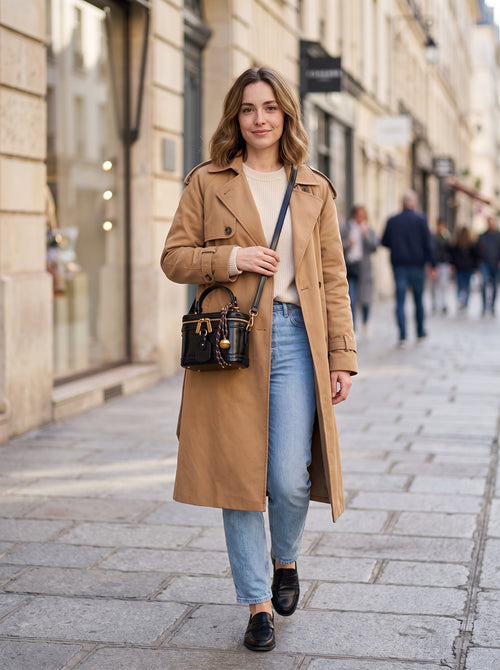 Modelo con el bolso neceser negro cruzado por la calle, cuerpo entero